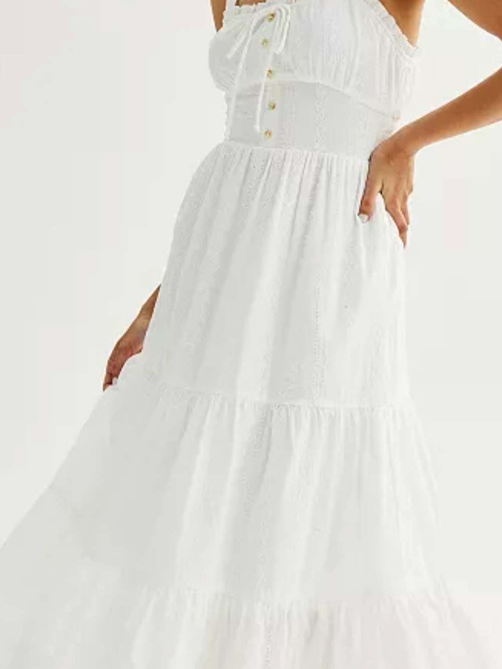 White Eyelet Tiered Maxi SunDress Spaghetti Straps Flowy Effortless Cotton